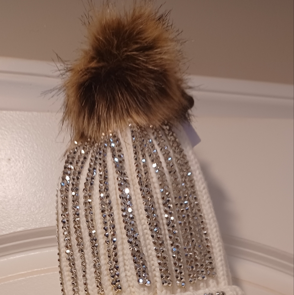 White Beanie with Fur Pom and Rhinestones
